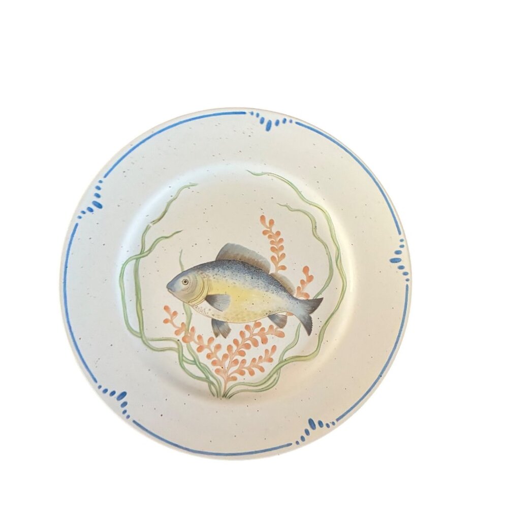 Vintage Fitz & Floyd LA MER Ceramic 10.25"  Dinner Plate Blue & Yellow Fish 1979